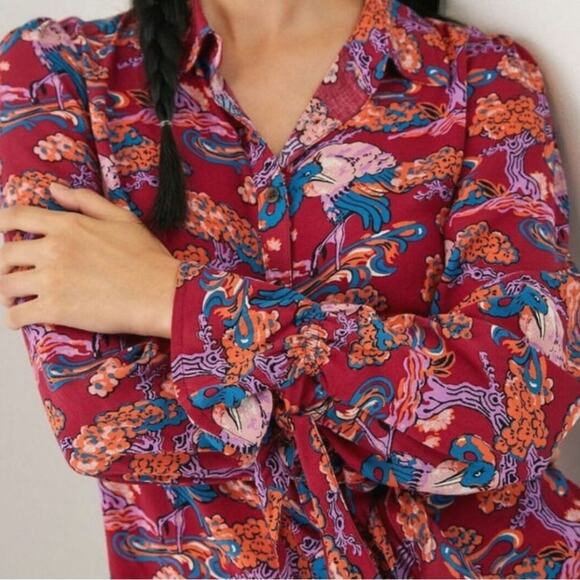 Anthropologie Maeve Bird Print Button Down Shirt Ruffle Tie Cuff  Boho Blouse 4 - Picture 7 of 16